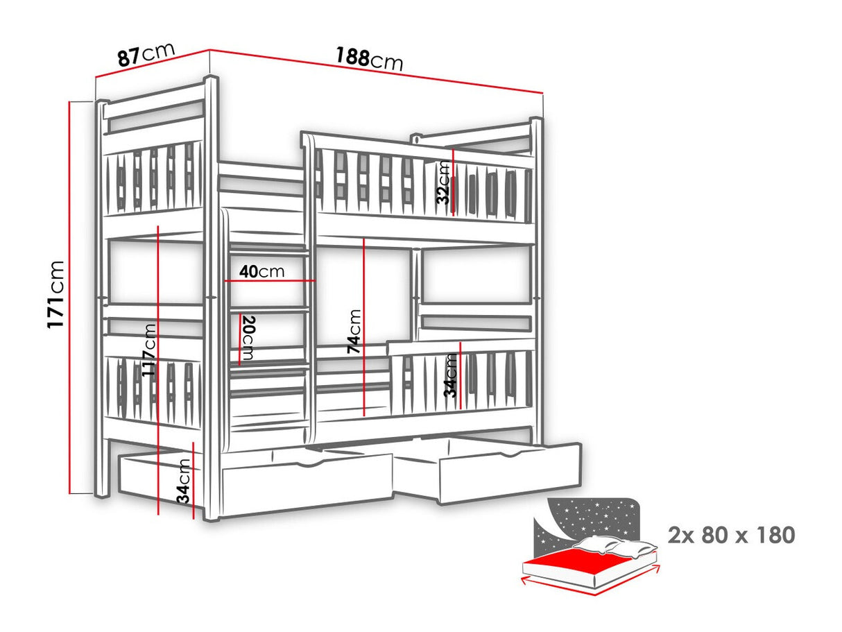 Emeletes ágy MONIKA (William), Szín: Fenyő, Alvó felület mérete: 80 x 180 cm