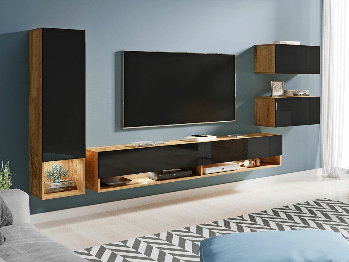 Nappali szett Amadeo (Wikez), Szín: Wotan tölgy + Fényes fekete, Led világítás: Nem