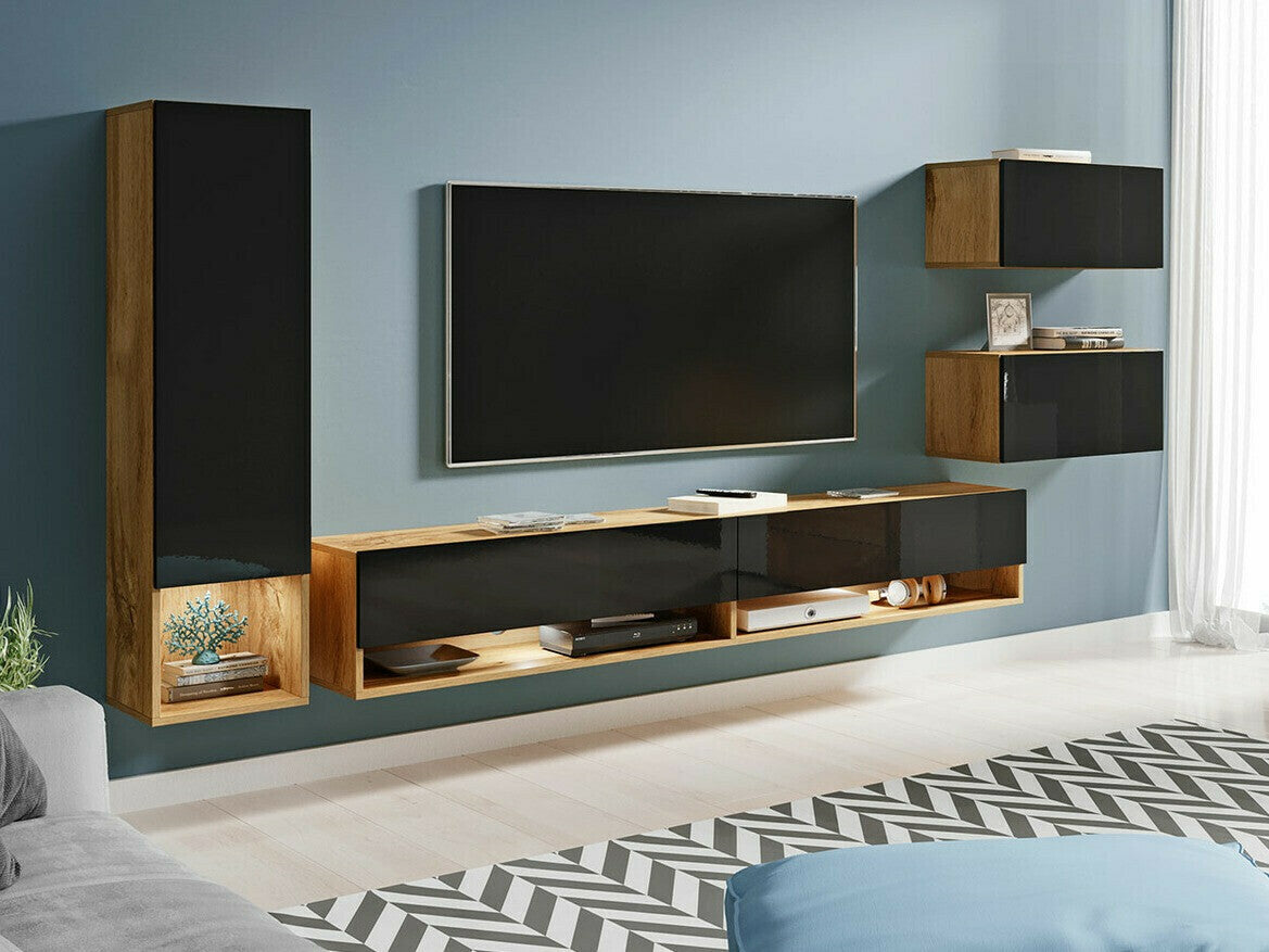 Nappali szett Amadeo (Wikez), Szín: Wotan tölgy + Fényes fekete, Led világítás: Igen