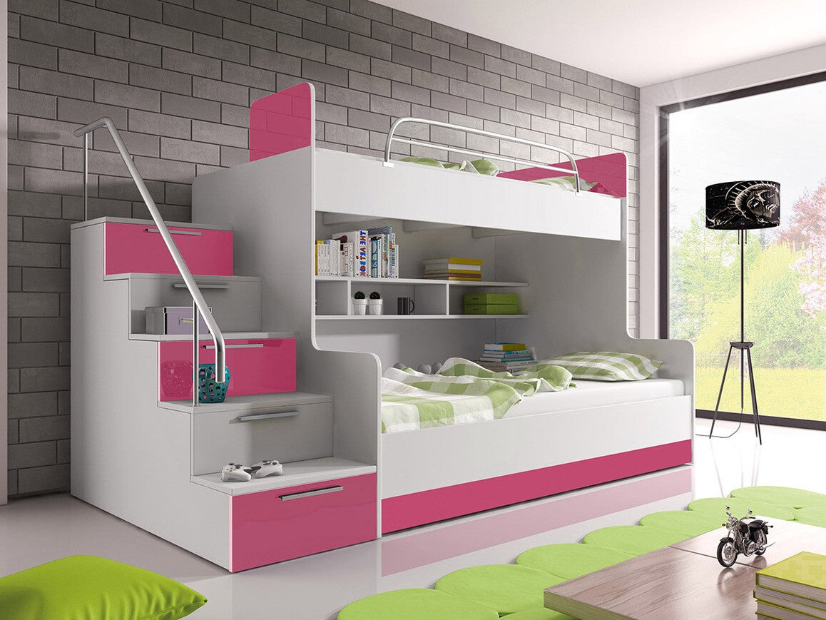 Emeletes ágy RAJ II (Paradise II), Szín: Fehér + Fényes fehér + Fényes rózsaszínű, Változatok: Balos