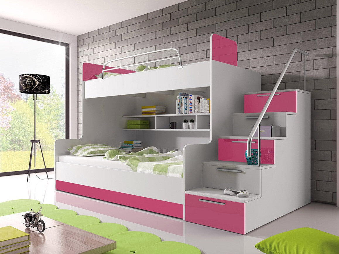 Emeletes ágy RAJ II (Paradise II), Szín: Fehér + Fényes fehér + Fényes rózsaszínű, Változatok: Jobbos