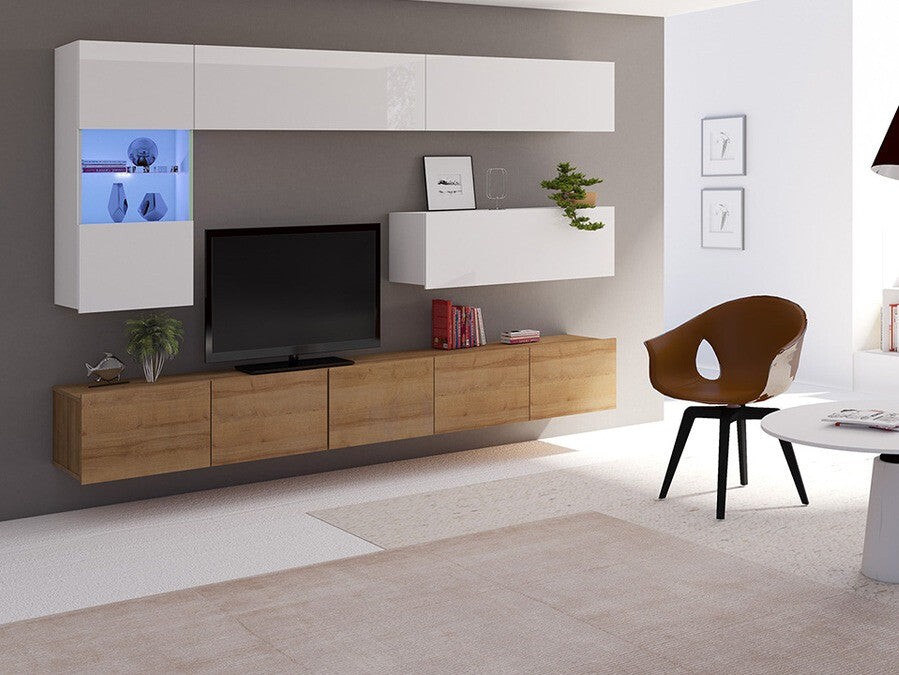 Nappali szett Calabrini (Bralani IV), Szín: Arany tölgy + Fehér + Fényes fehér, Led világítás: Ez kék