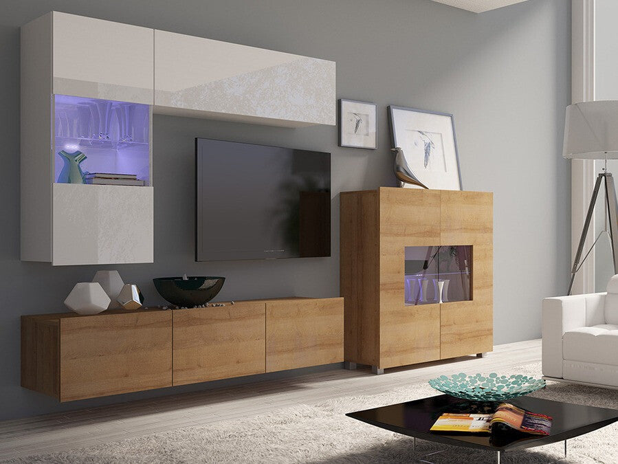 Nappali szett Calabrini (Bralani III), Szín: Arany tölgy + Fehér + Fényes fehér, Led világítás: Igen fehér