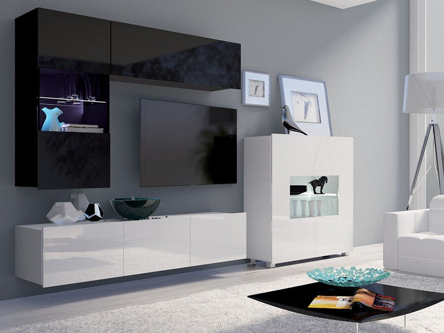 Nappali szett Calabrini (Bralani III), Led világítás: Igen fehér, Szín: Fényes fekete + Fényes fehér