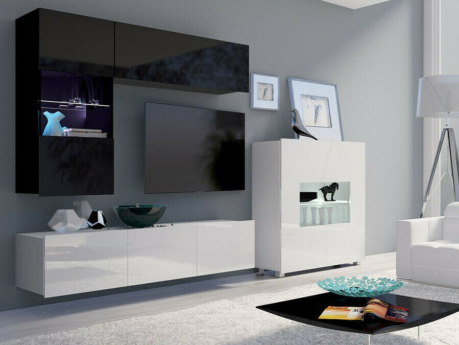 Nappali szett Calabrini (Bralani III), Led világítás: Ez kék, Szín: Fényes fekete + Fényes fehér