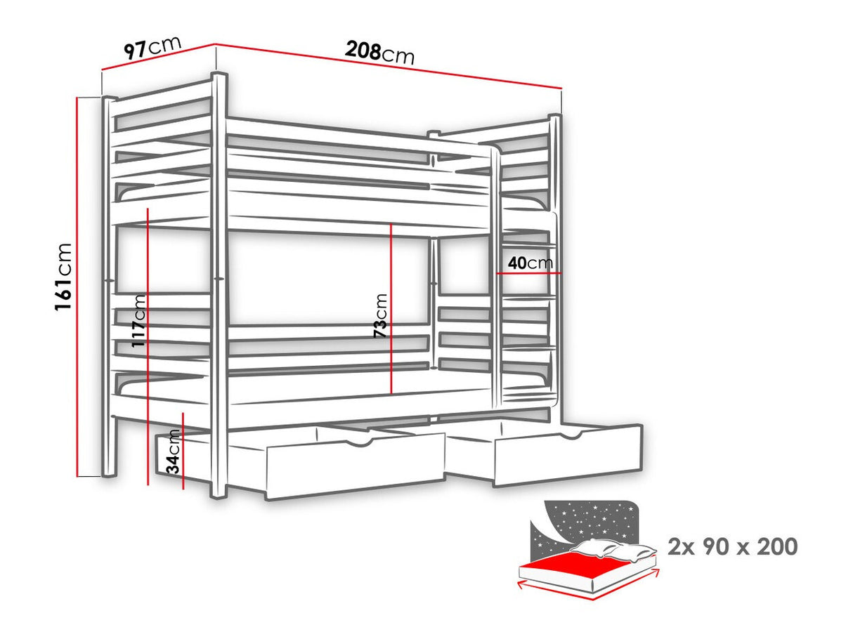 Emeletes ágy Nemo (Aero), Szín: Fehér, Alvó felület mérete: 90 x 200 cm