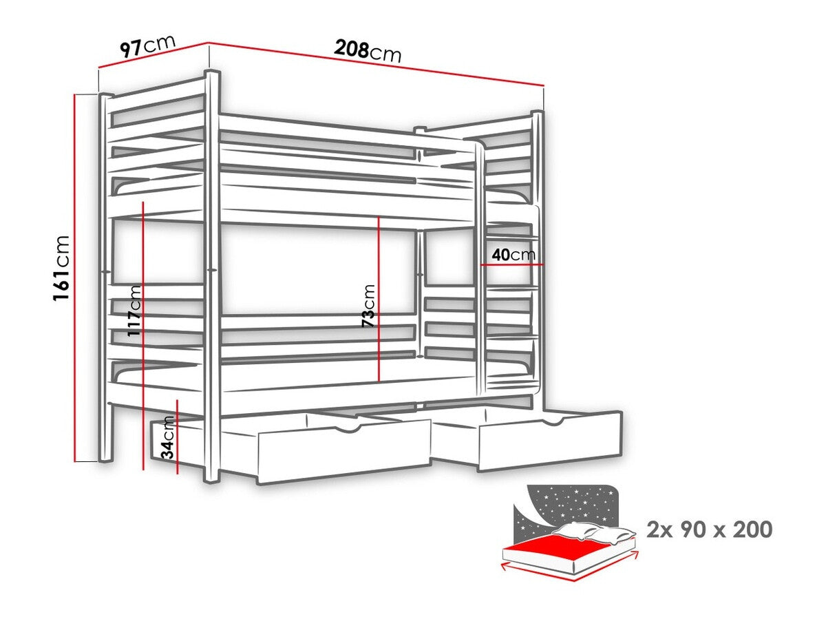 Emeletes ágy Nemo (Aero), Szín: Szürke, Alvó felület mérete: 90 x 200 cm