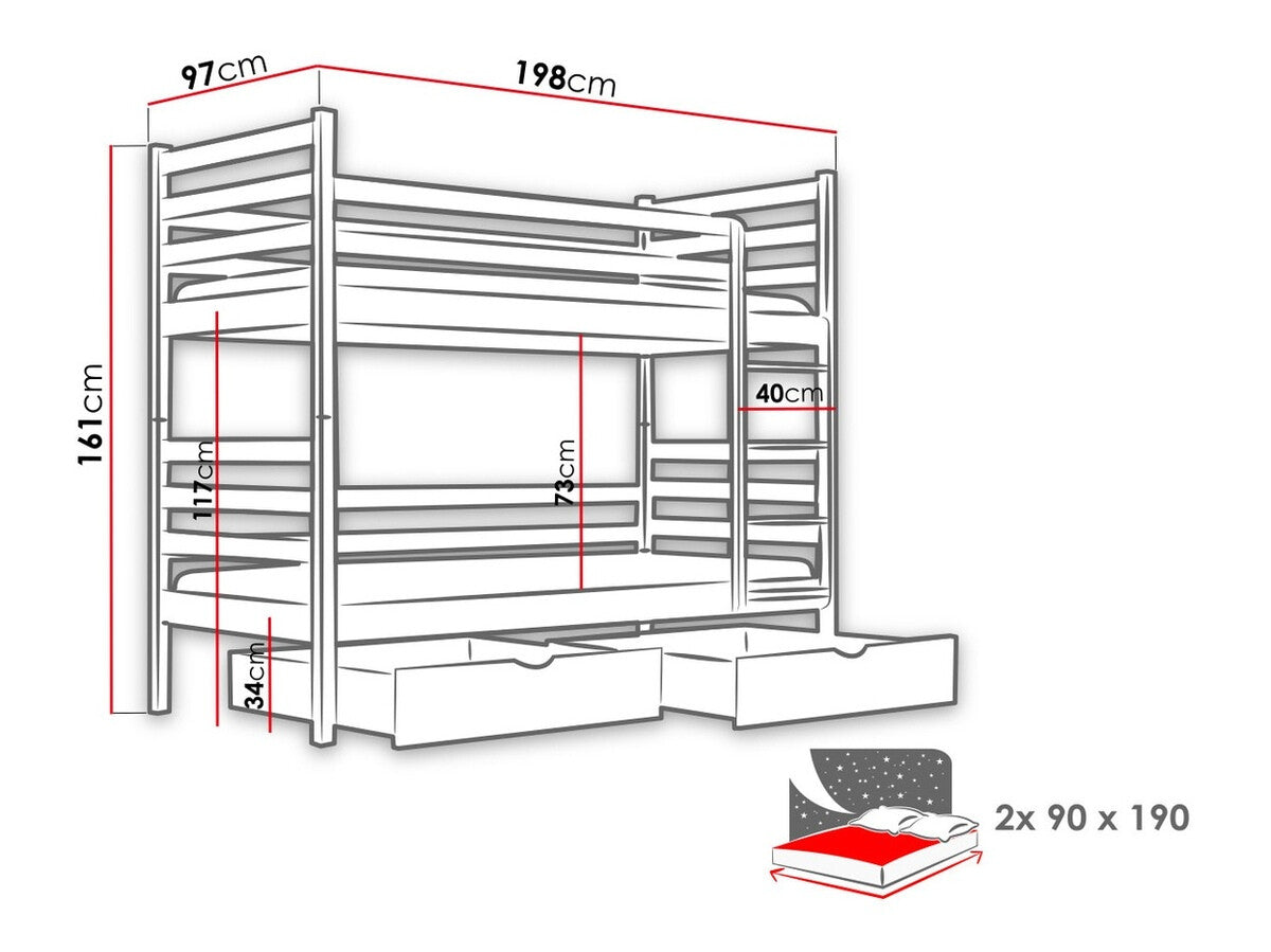 Emeletes ágy Nemo (Aero), Szín: Fenyő, Alvó felület mérete: 90 x 190 cm
