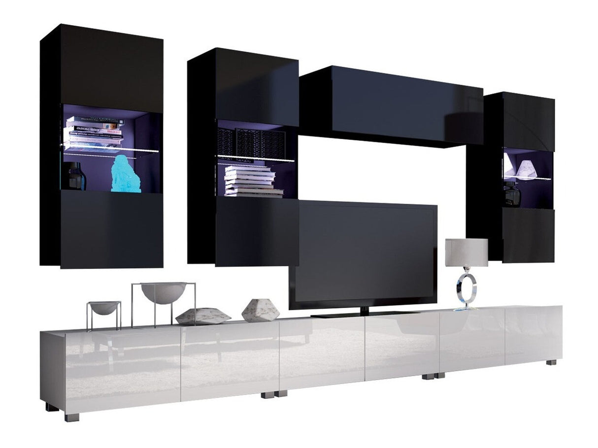 Nappali szett Calabrini (Bralani XI), Led világítás: Ez kék, Szín: Fényes fehér + Fényes fekete