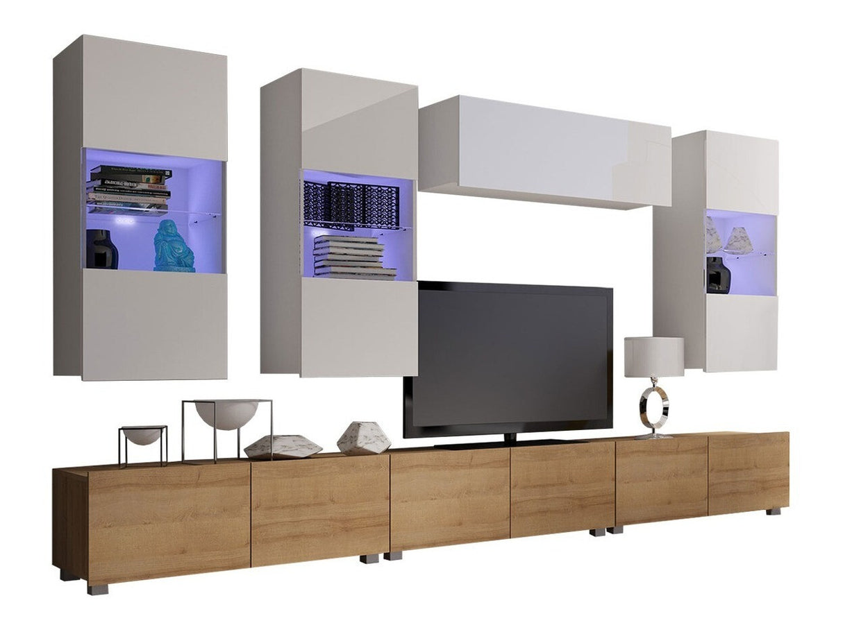 Nappali szett Calabrini (Bralani XI), Szín: Arany tölgy + Fehér + Fényes fehér, Led világítás: Ez kék