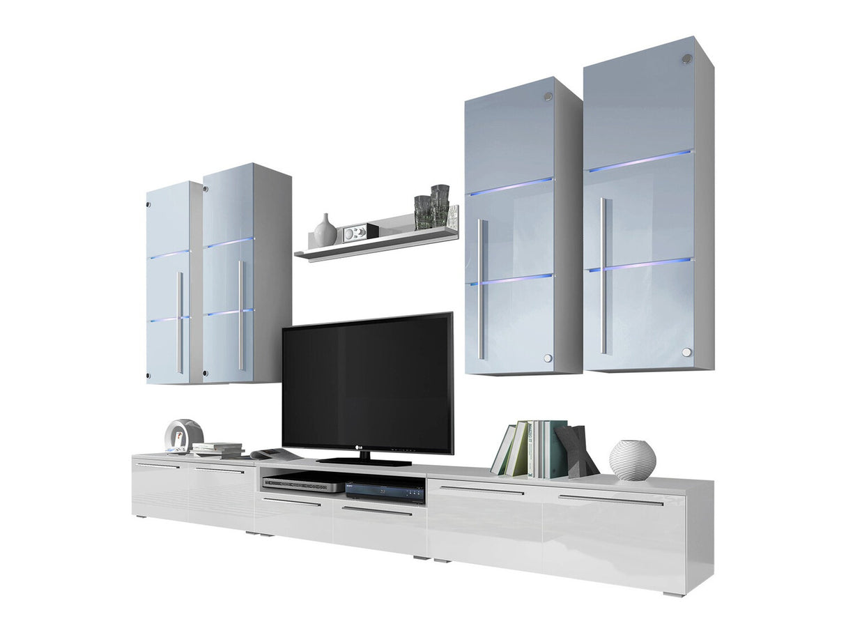 Nappali szett Bárasztali M (Brita), Álló szekrények színe: Fehér + Fényes fehér, Fali szekrények színe: Fehér + Fényes fehér