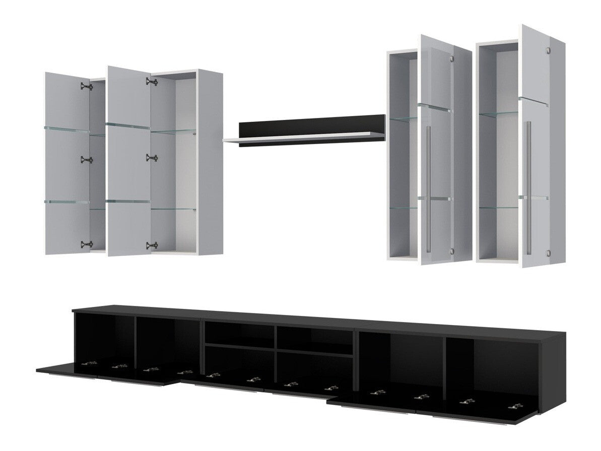 Nappali szett Bárasztali M (Brita), Álló szekrények színe: Fehér + Fényes fehér, Fali szekrények színe: Fehér + Fényes fehér