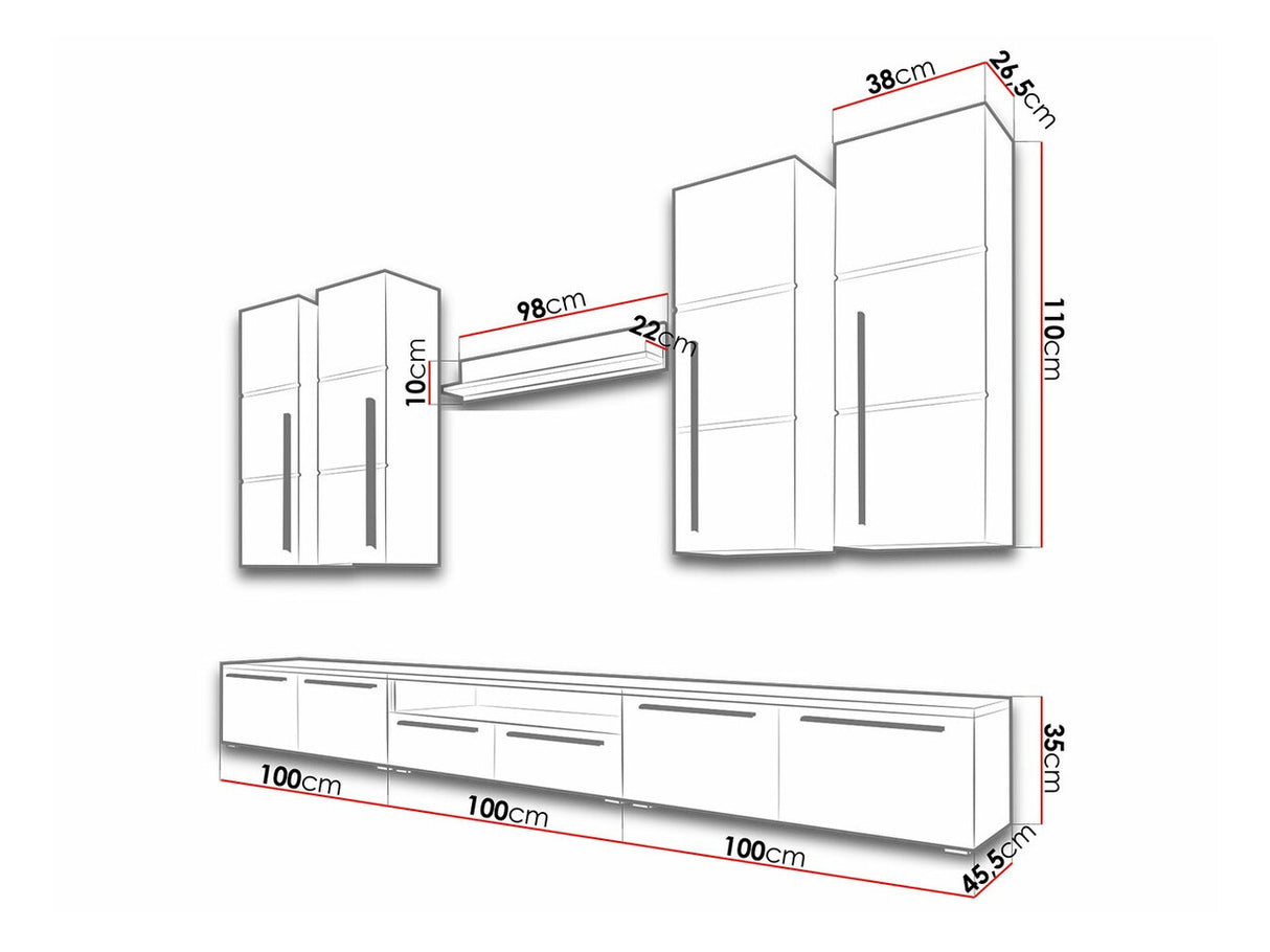 Nappali szett Bárasztali M (Brita), Álló szekrények színe: Fehér + Fényes fehér, Fali szekrények színe: Fehér + Fényes fehér