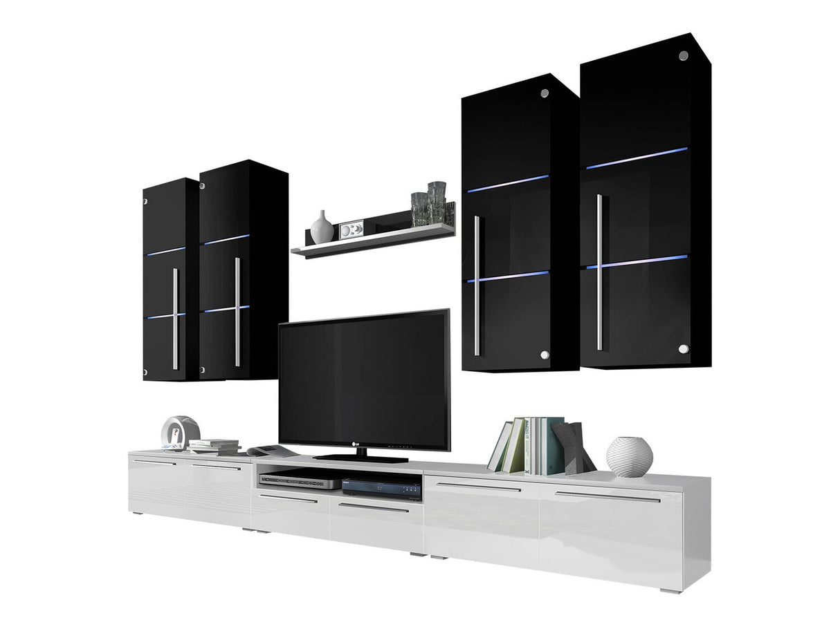 Nappali szett Bárasztali M (Brita), Álló szekrények színe: Fehér + Fényes fehér, Fali szekrények színe: Fekete + Fényes fekete