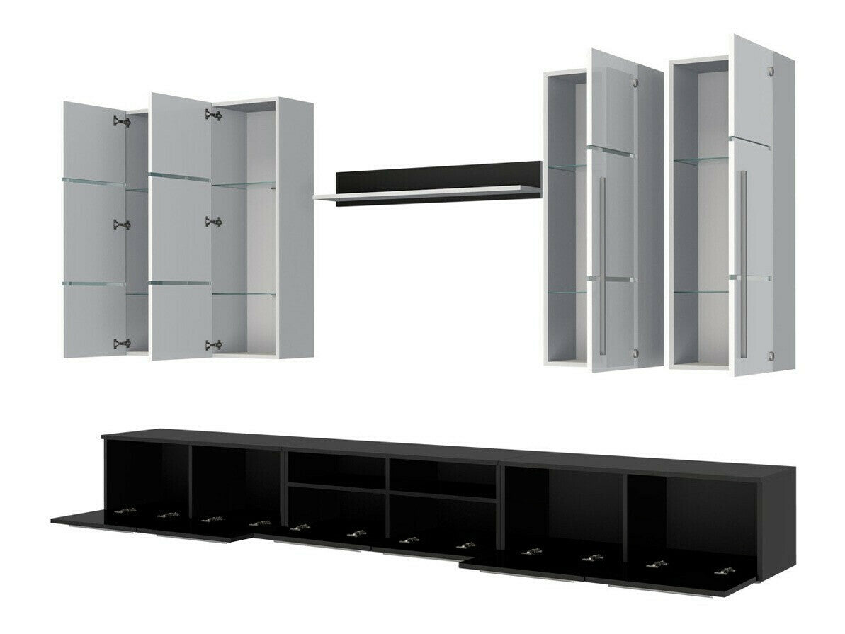 Nappali szett Bárasztali M (Brita), Álló szekrények színe: Fehér + Fényes fehér, Fali szekrények színe: Fekete + Fényes fekete