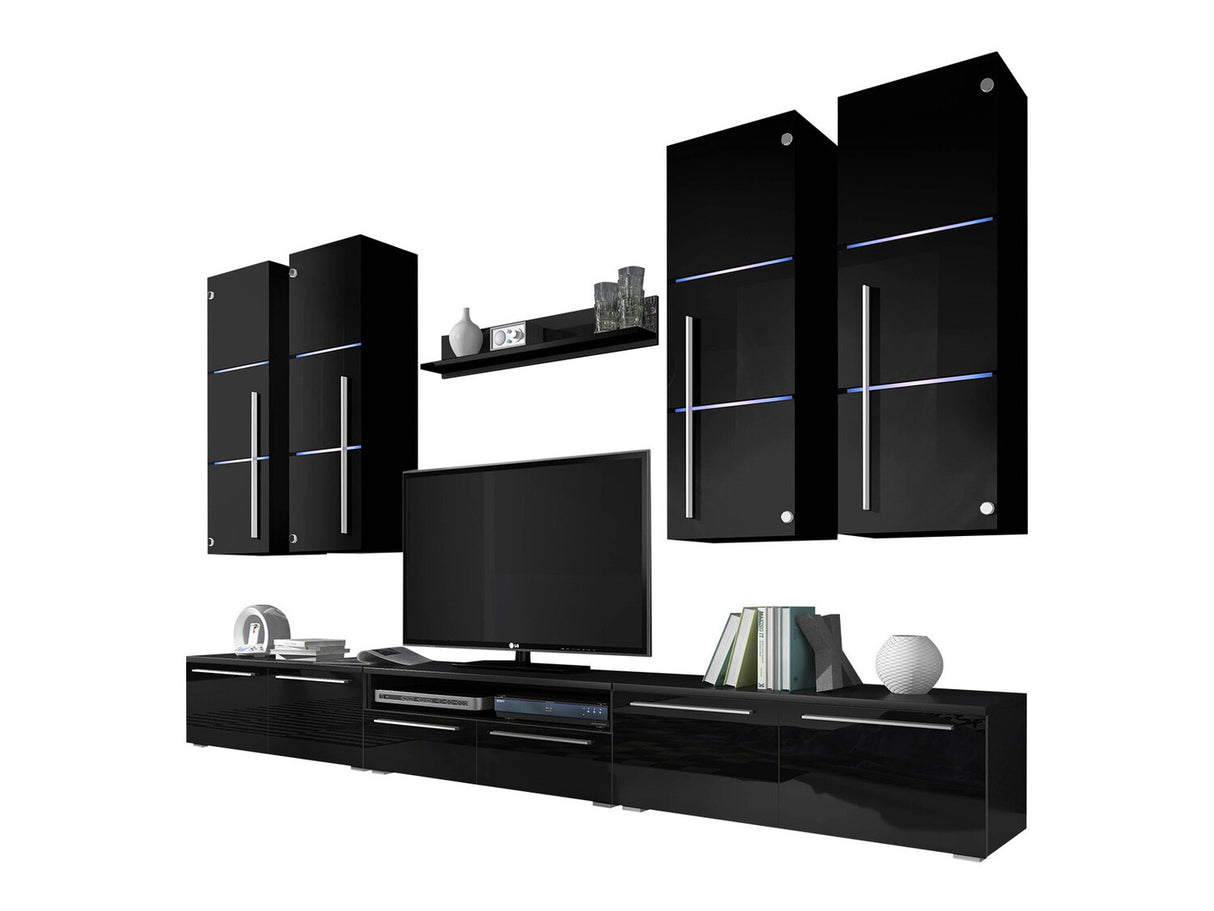 Nappali szett Bárasztali M (Brita), Álló szekrények színe: Fekete + Fényes fekete, Fali szekrények színe: Fekete + Fényes fekete