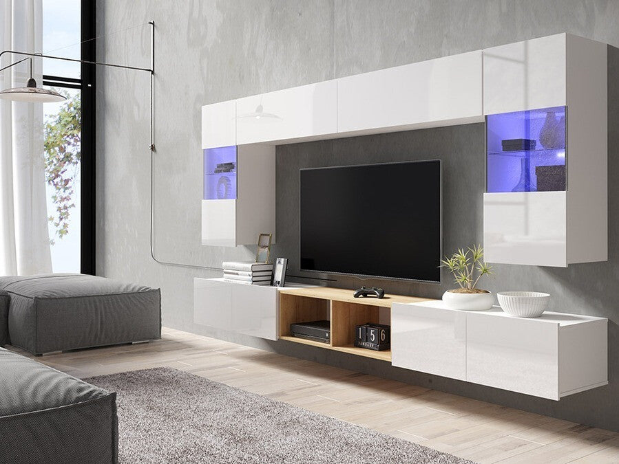 Nappali szett Calabrini (Bralani XXIV), Szín: Fehér + Fényes fehér + arany tölgy, Led világítás: Nem