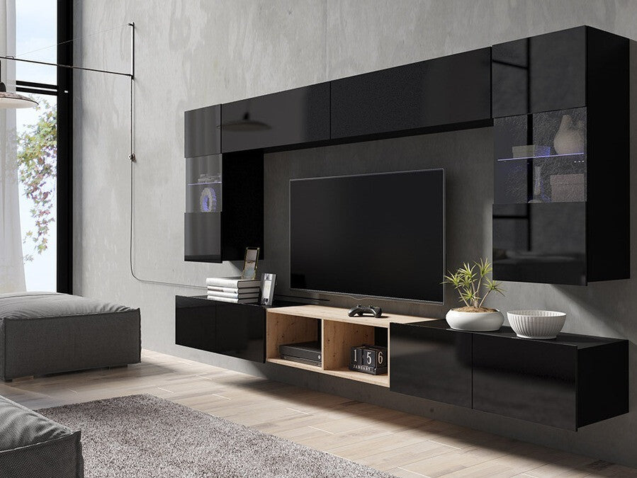 Nappali szett Calabrini (Bralani XXIV), Szín: Fekete + Fényes fekete + Artisan tölgy, Led világítás: Igen (Kék)