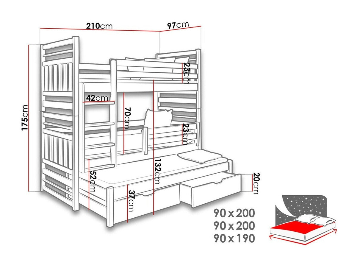 Emeletes ágy Hipolit 90 (Graca 90), Szín: Wenge + Világosbarna, Változatok: Balos