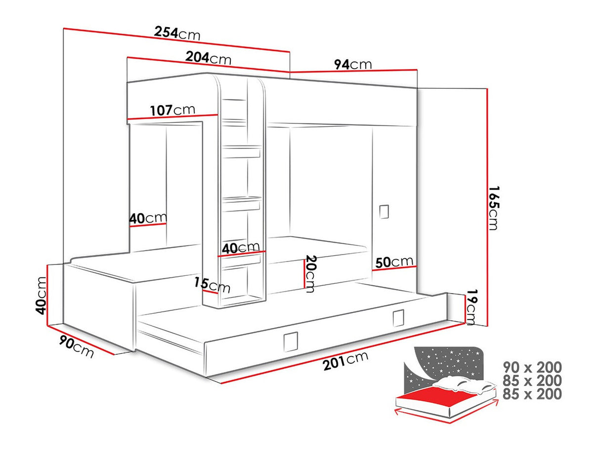 Emeletes ágy Toledo 2 (Tomson 2), Szín: Fehér + Fényes fekete + Fényes fehér
