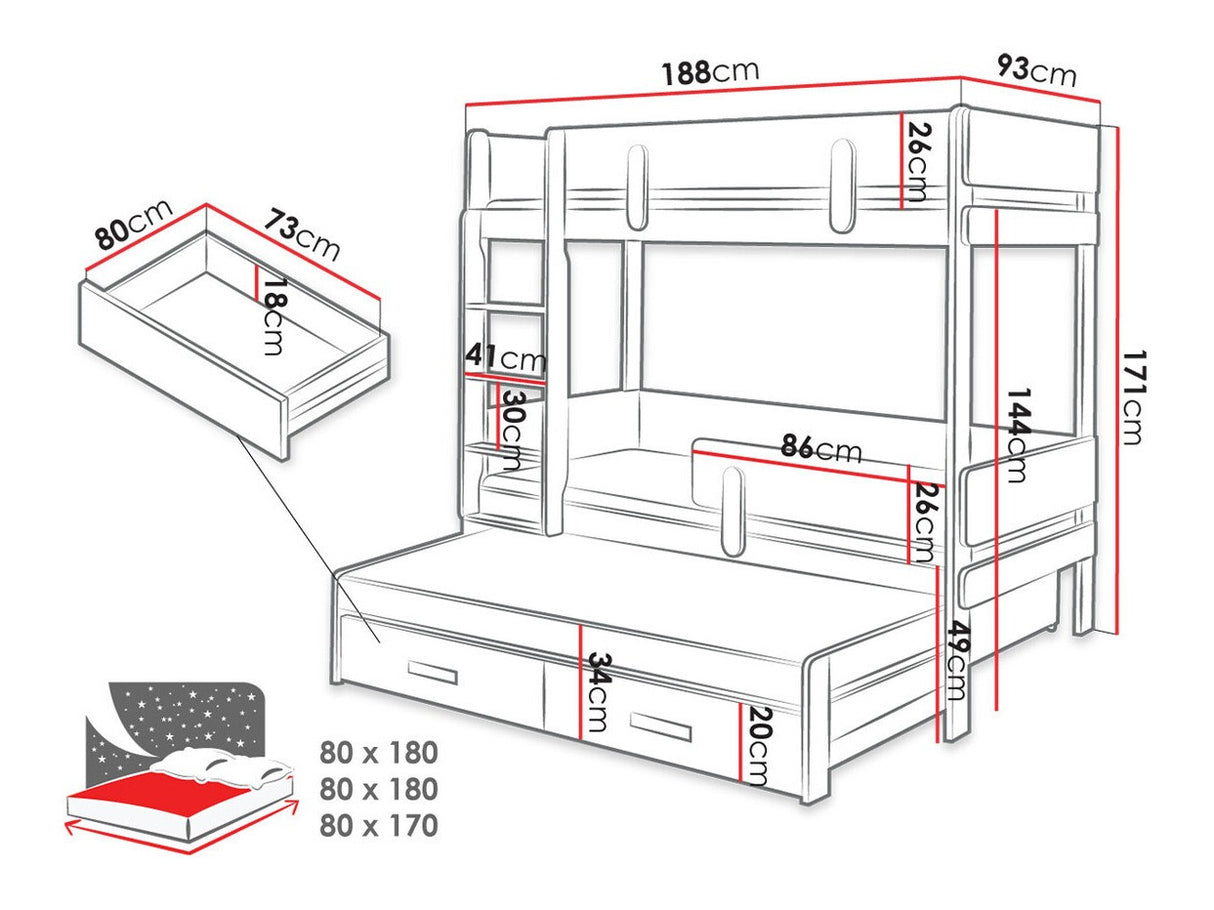 Emeletes ágy ETTORE III (Petenti III 80), Szín: Fehér + Tölgy, Változatok: Balos