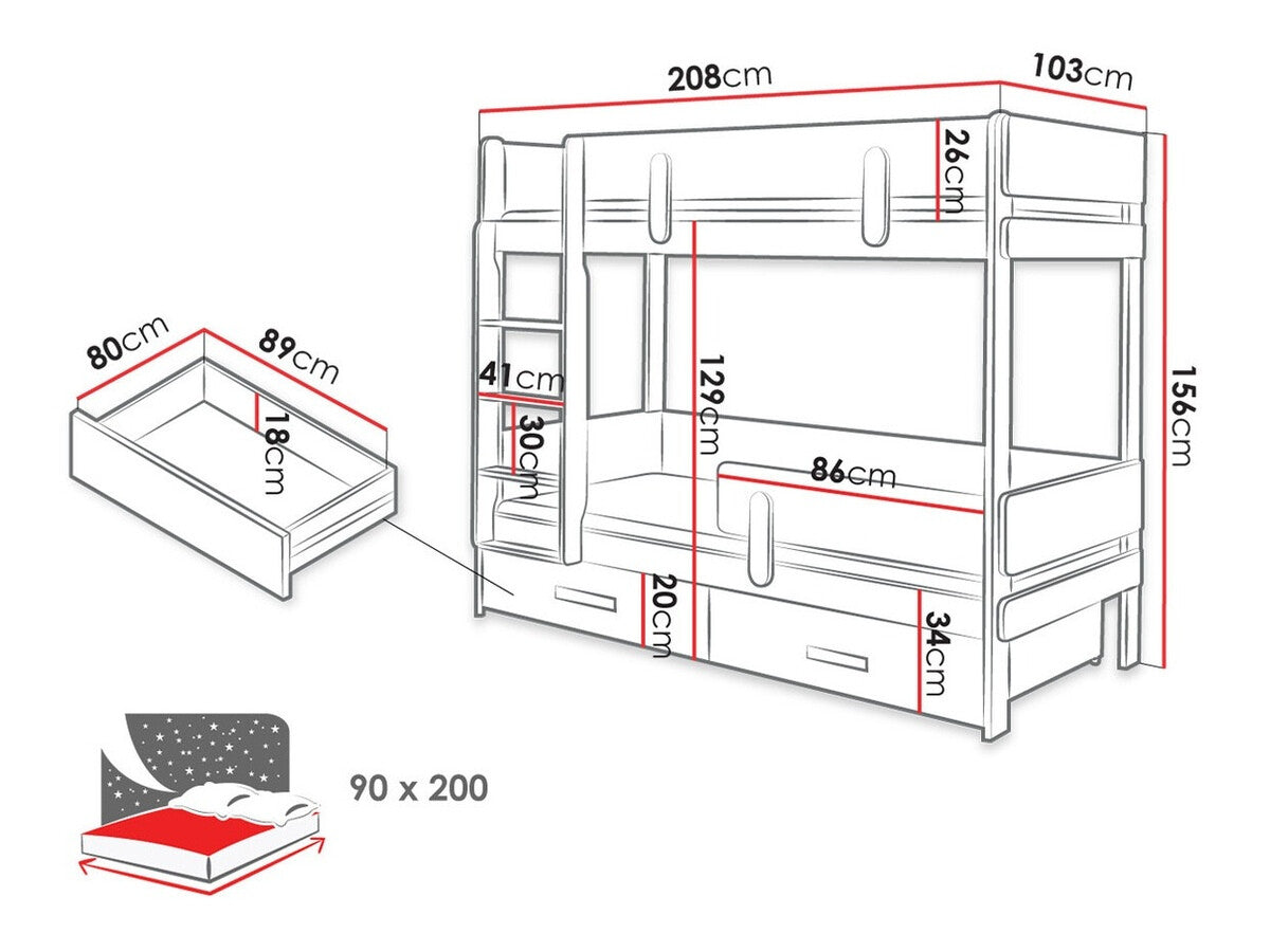 Emeletes ágy ETTORE (Petenti 90), Szín: Fehér + Szürke, Változatok: Balos