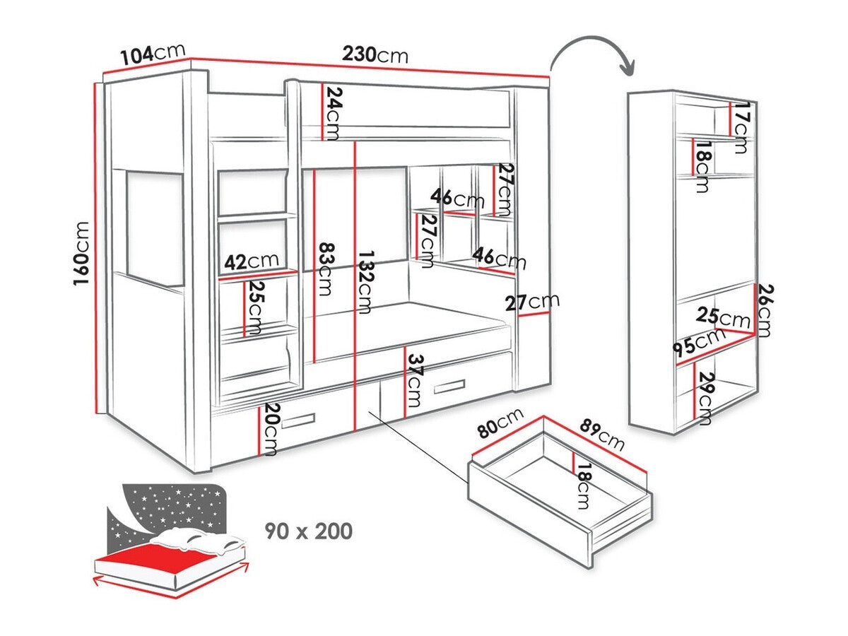 Emeletes ágy GASPAR 90 (Rebiko 90), Szín: Fehér + Sötét Zebrano, Változatok: Balos