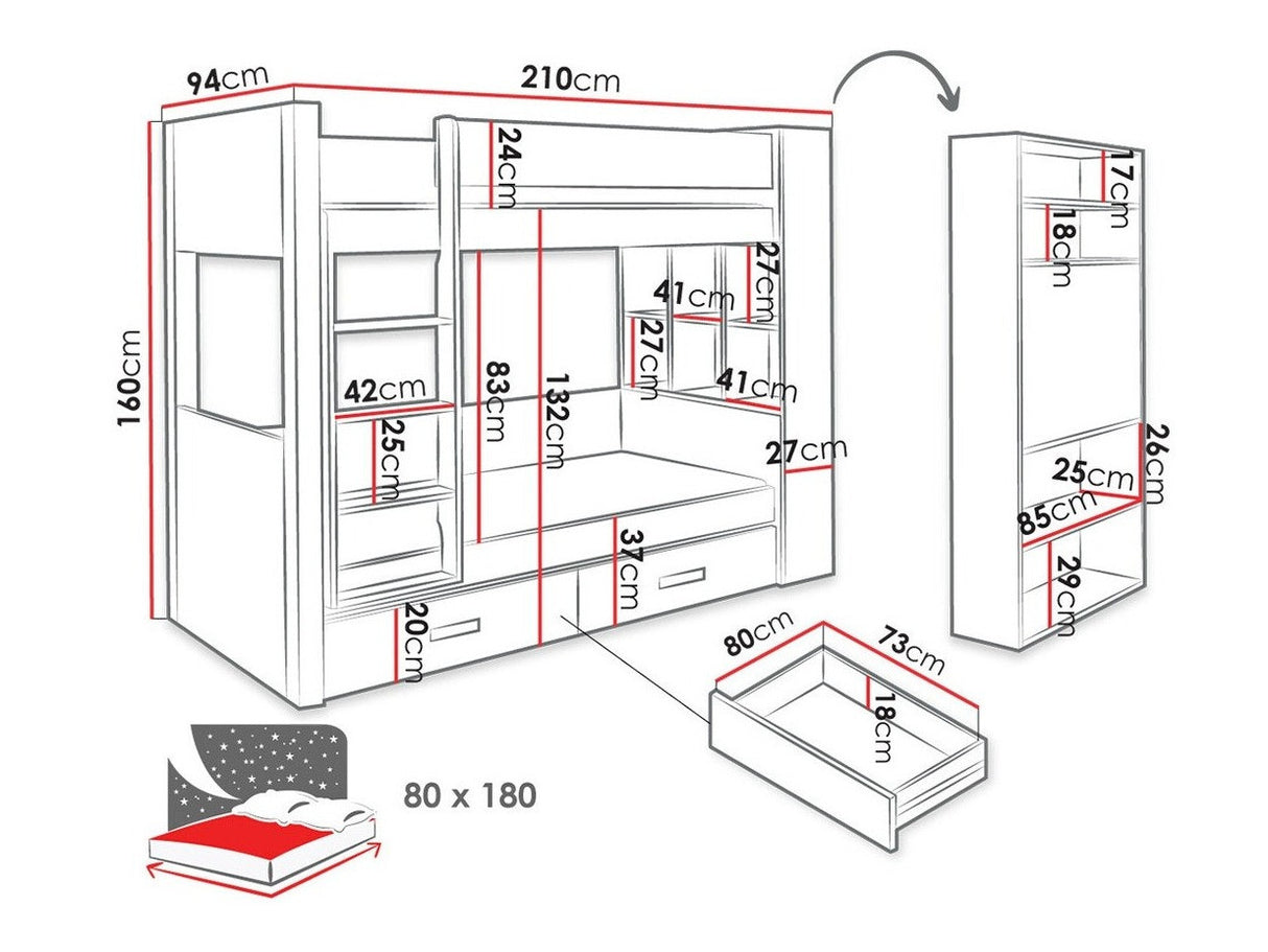 Emeletes ágy GASPAR 80 (Rebiko 80), Szín: Fehér + Kék, Változatok: Balos
