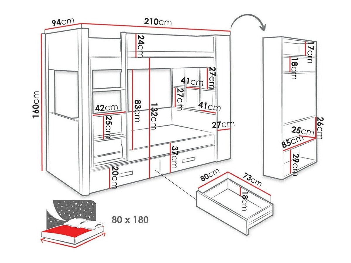 Emeletes ágy GASPAR 80 (Rebiko 80), Szín: Fehér + Sötét Zebrano, Változatok: Balos