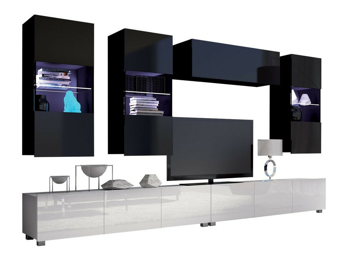 Nappali szett Calabrini (Bralani V, Led világítás: Ez kék, Szín: Fényes fehér + Fényes fekete