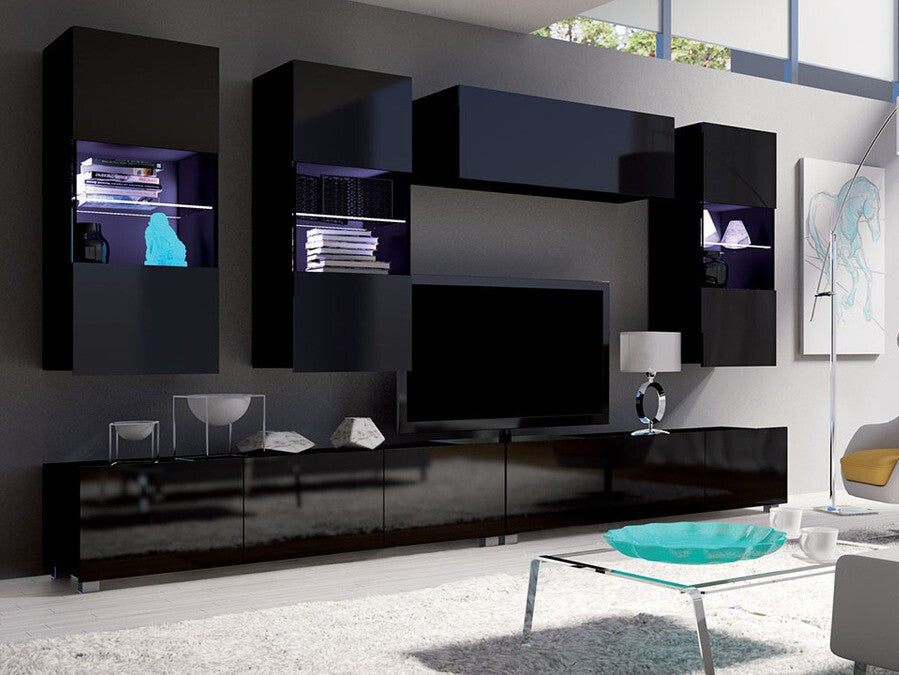 Nappali szett Calabrini (Bralani V, Led világítás: Igen fehér, Szín: Fekete + Fényes fekete