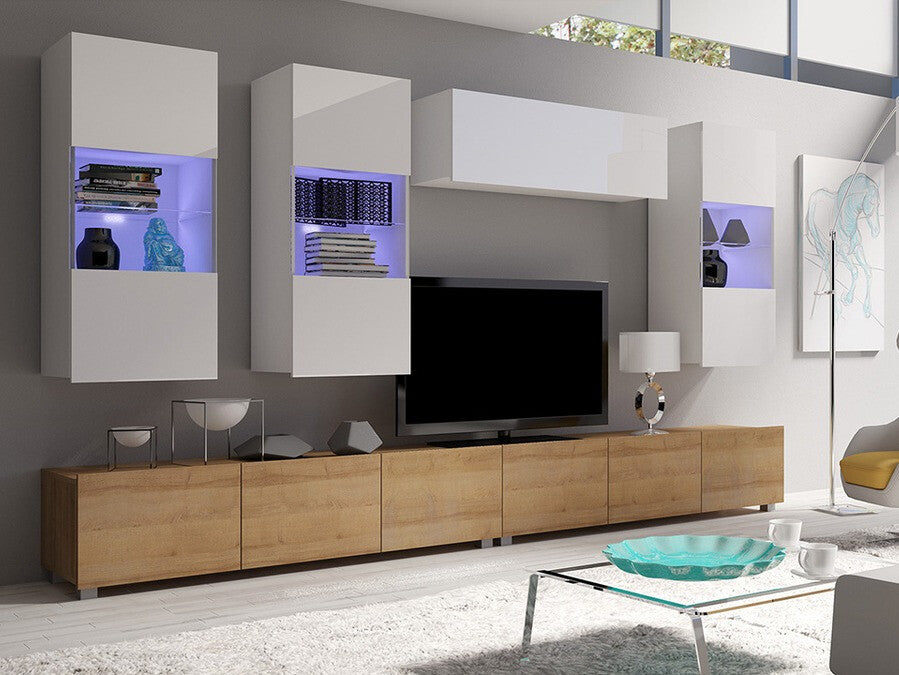 Nappali szett Calabrini (Bralani V, Szín: Arany tölgy + Fehér + Fényes fehér, Led világítás: Igen fehér