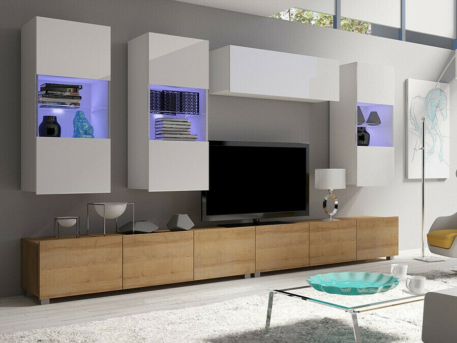 Nappali szett Calabrini (Bralani V, Szín: Arany tölgy + Fehér + Fényes fehér, Led világítás: Ez kék