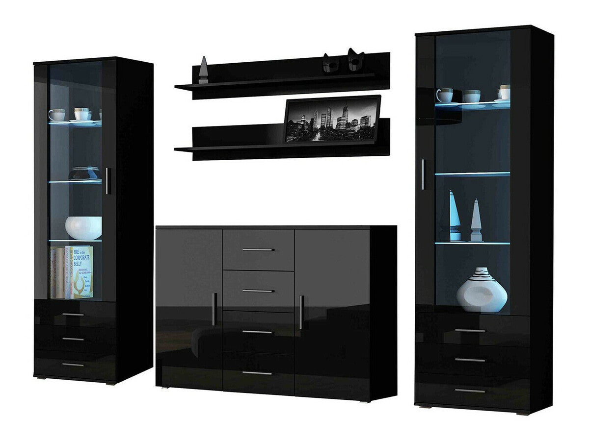 Nappali szett Soho III (Boho III), Szín: Fekete + Fényes fekete, Led világítás: Fehér