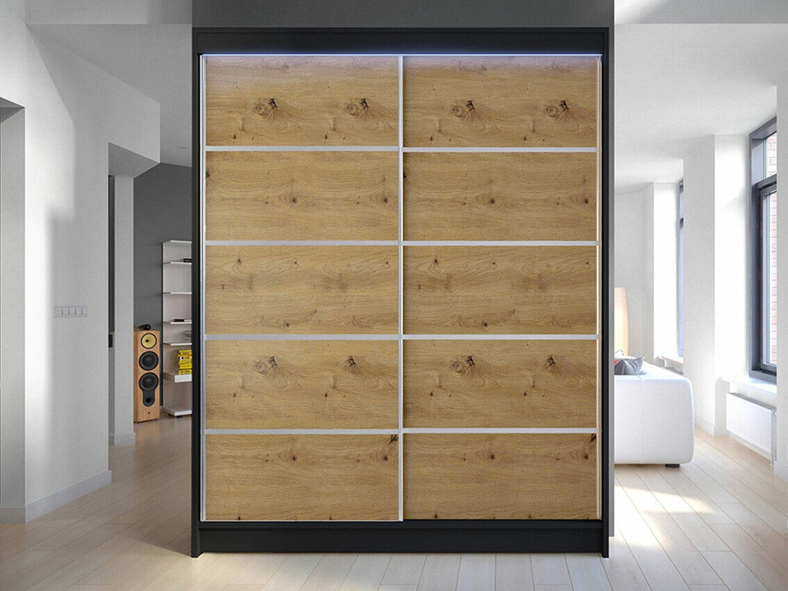 Gardróbszekrény Caminem IV (Belgia IV), Szín: Fekete + Artisan tölgy, Led világítás: Igen