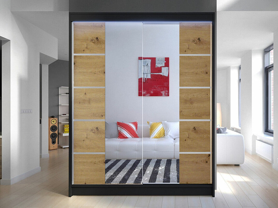 Gardróbszekrény Caminem V (Belgia V), Szín: Fekete + Artisan tölgy, Led világítás: Igen RGB