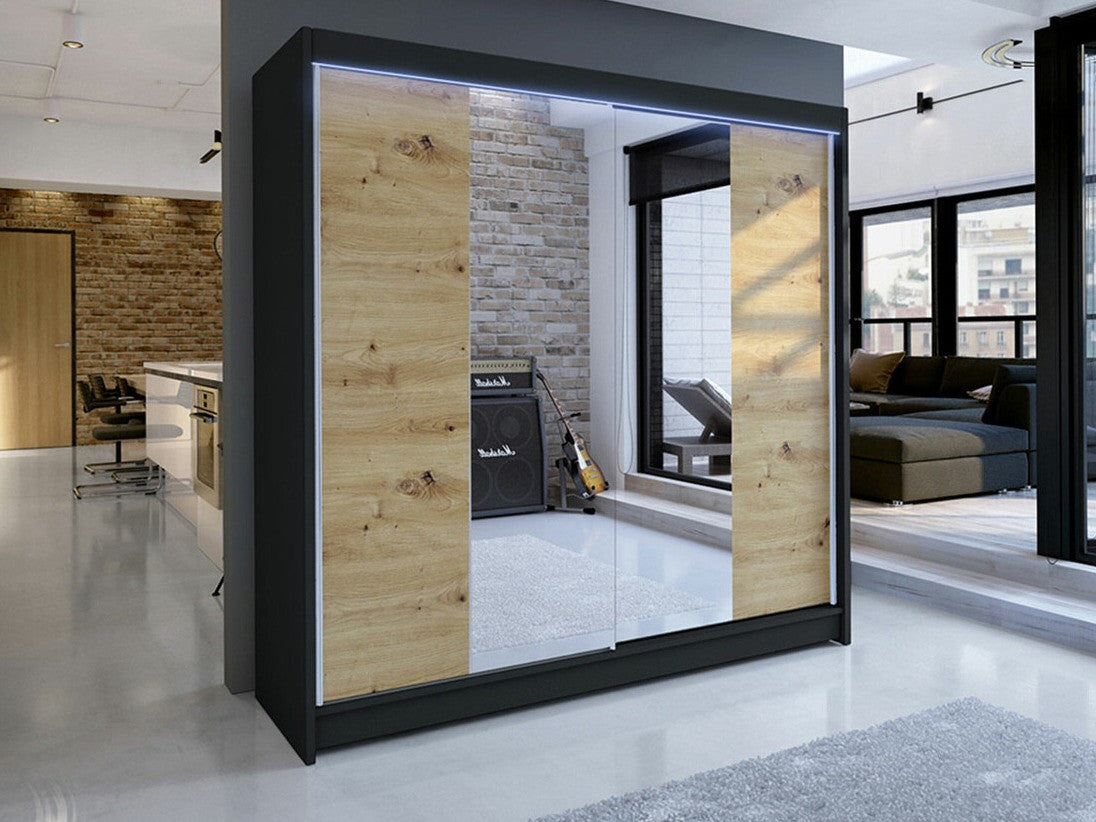 Gardróbszekrény Talin II (Bárasztalr II), Szín: Fekete + Artisan tölgy, Led világítás: Igen