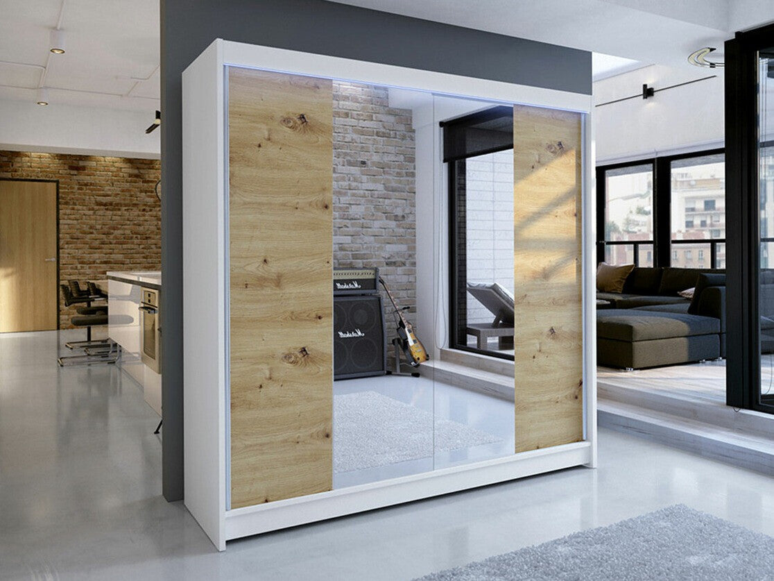 Gardróbszekrény Talin II (Bárasztalr II), Szín: Fehér + Artisan tölgy, Led világítás: Igen