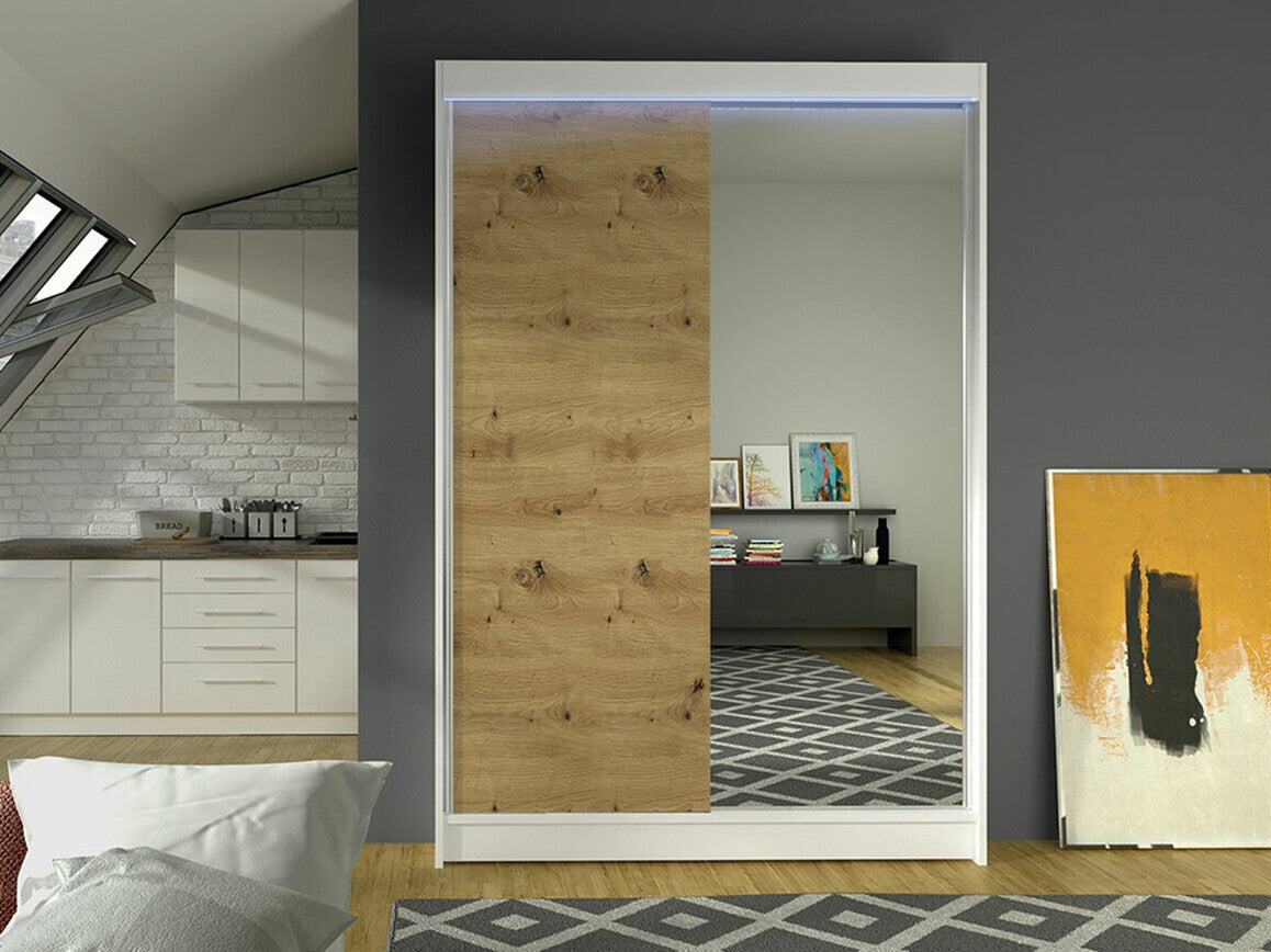 Gardróbszekrény Linem I (Parys I), Szín: Fehér + Artisan tölgy, Led világítás: Igen