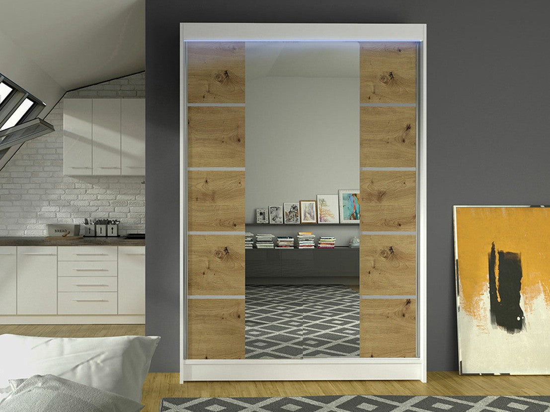 Gardróbszekrény Linem V (Parys V), Szín: Fehér + Artisan tölgy, Led világítás: Igen