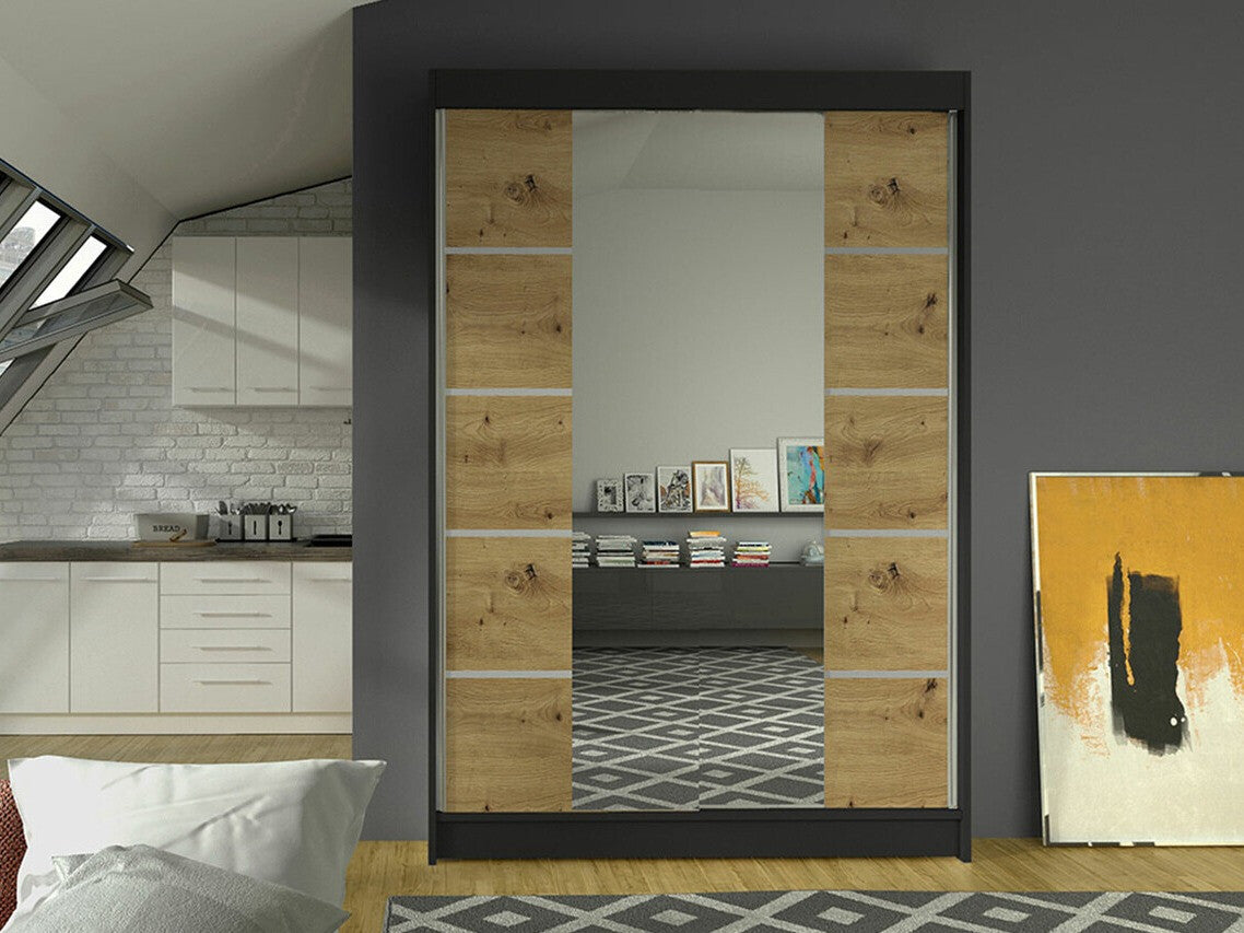 Gardróbszekrény Linem V (Parys V), Szín: Fekete + Artisan tölgy, Led világítás: Nem
