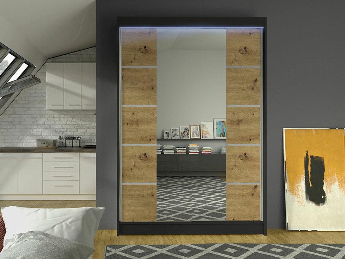 Gardróbszekrény Linem V (Parys V), Szín: Fekete + Artisan tölgy, Led világítás: Igen