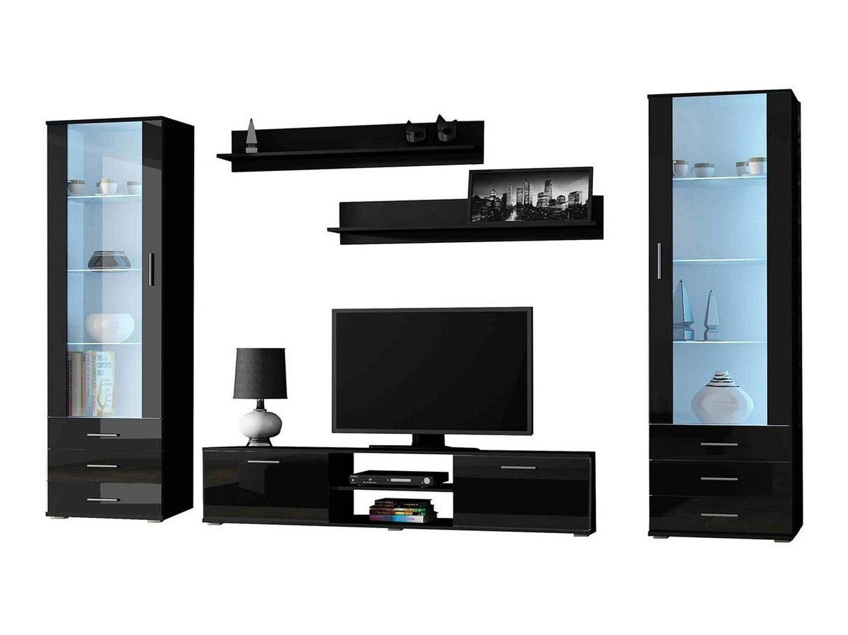 Nappali szett Soho IV (Boho IV), Szín: Fekete + Fényes fekete, Led világítás: Fehér