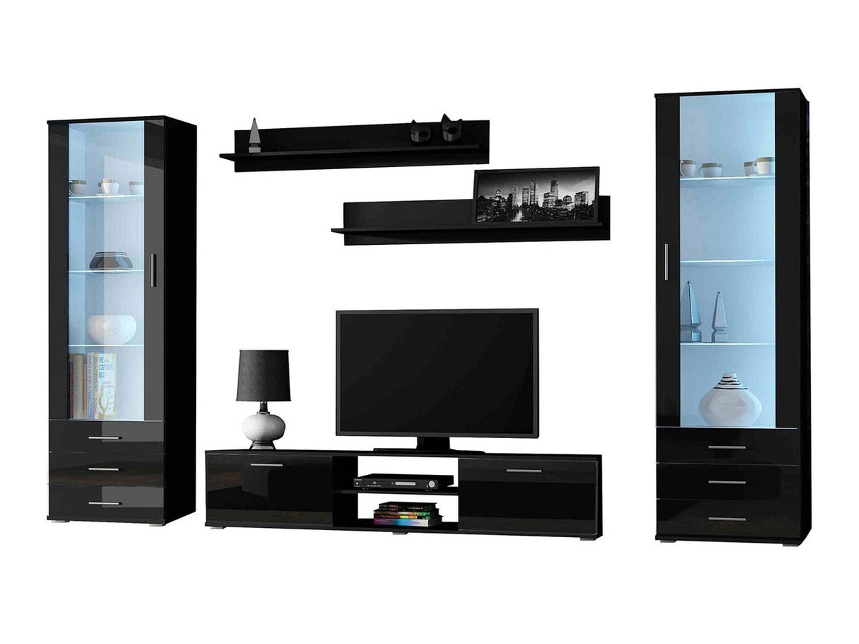 Nappali szett Soho IV (Boho IV), Szín: Fekete + Fényes fekete, Led világítás: Kék