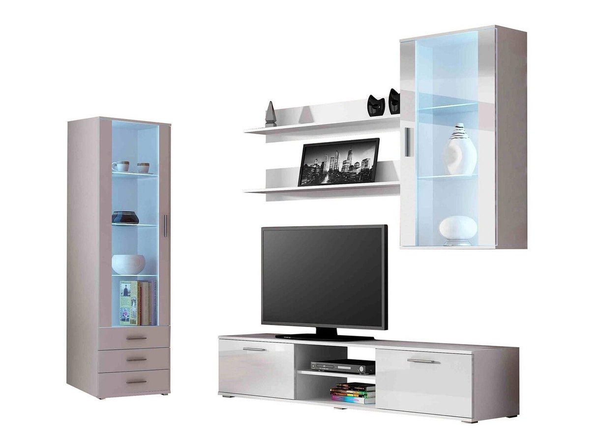 Nappali szett Soho VI (Boho VI), Szín: Fehér + Fényes fehér, Led világítás: Kék