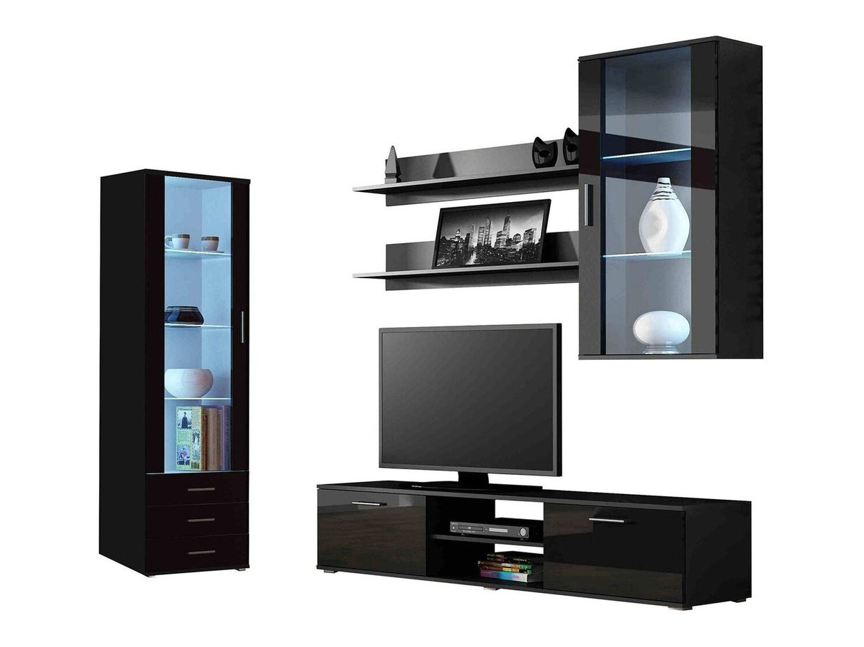 Nappali szett Soho VI (Boho VI), Szín: Fekete + Fényes fekete, Led világítás: Fehér