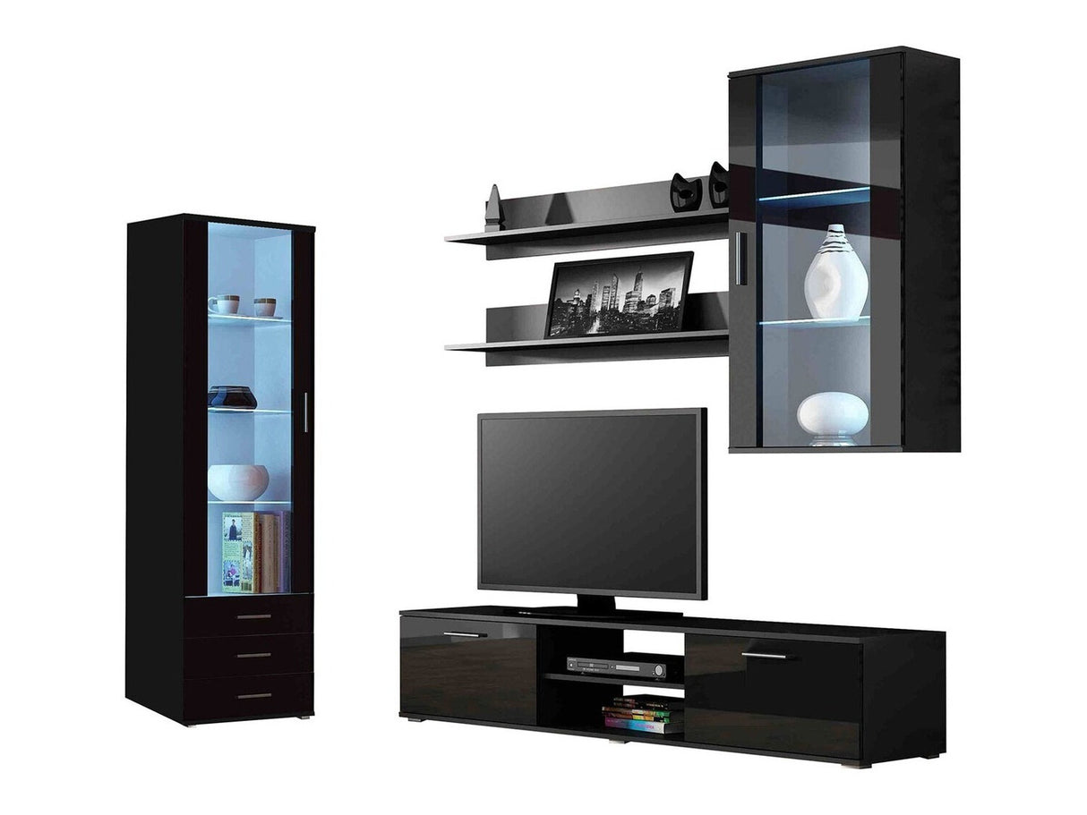 Nappali szett Soho VI (Boho VI), Szín: Fekete + Fényes fekete, Led világítás: Kék