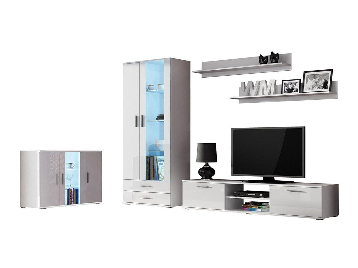 Nappali szett Soho IX (Boho IX), Szín: Fehér + Fényes fehér, Led világítás: Fehér