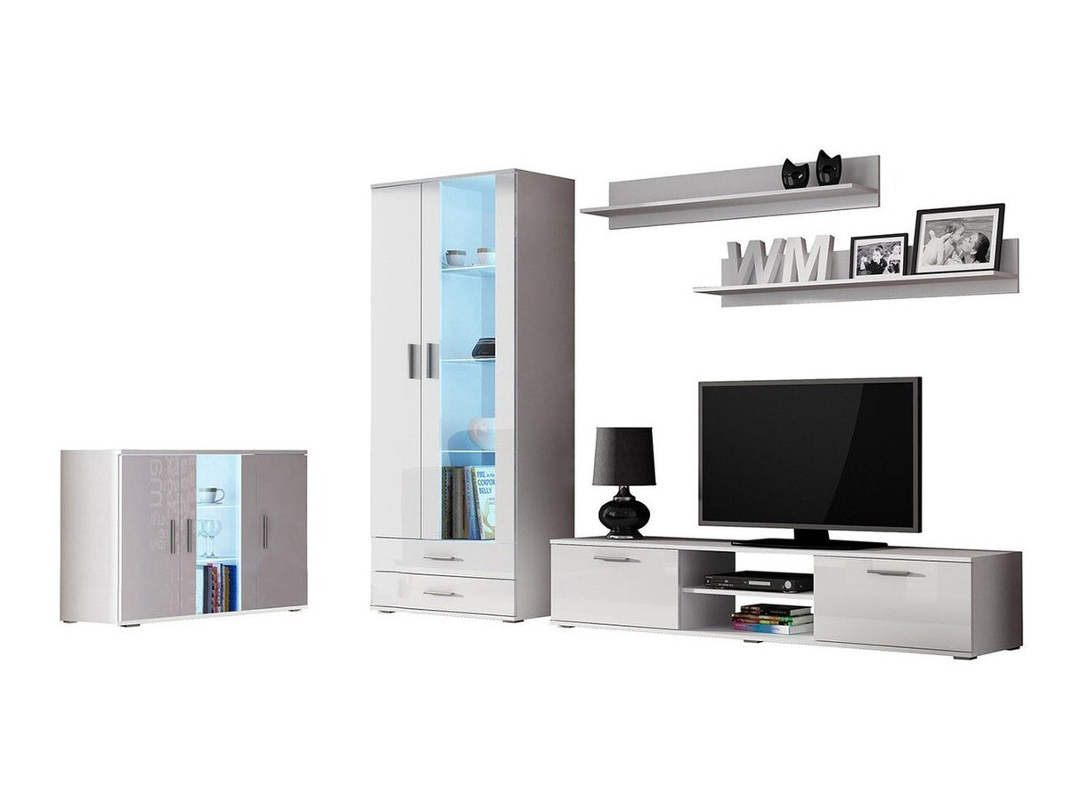 Nappali szett Soho IX (Boho IX), Szín: Fehér + Fényes fehér, Led világítás: Kék