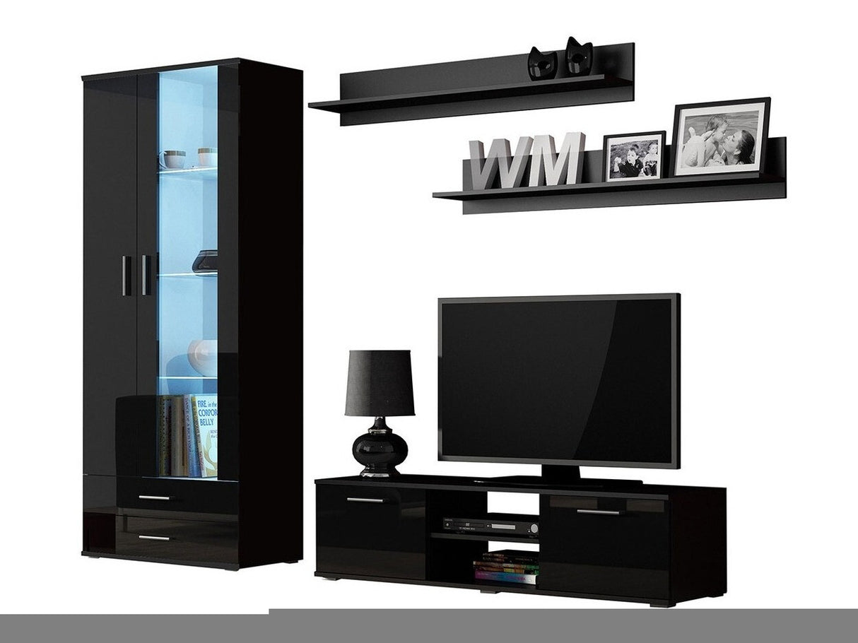 Nappali szett Soho XI (Boho XI), Szín: Fekete + Fényes fekete, Led világítás: Fehér